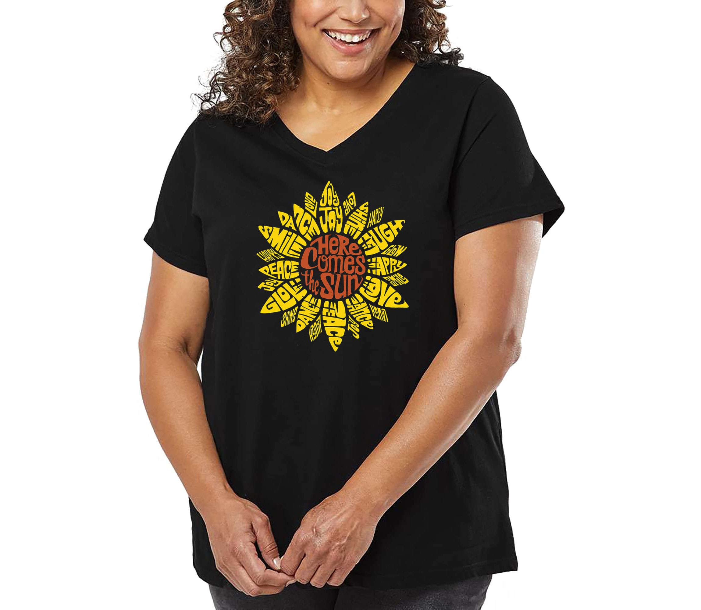 Womens Plus Size Word Art V-Neck - Sunflower