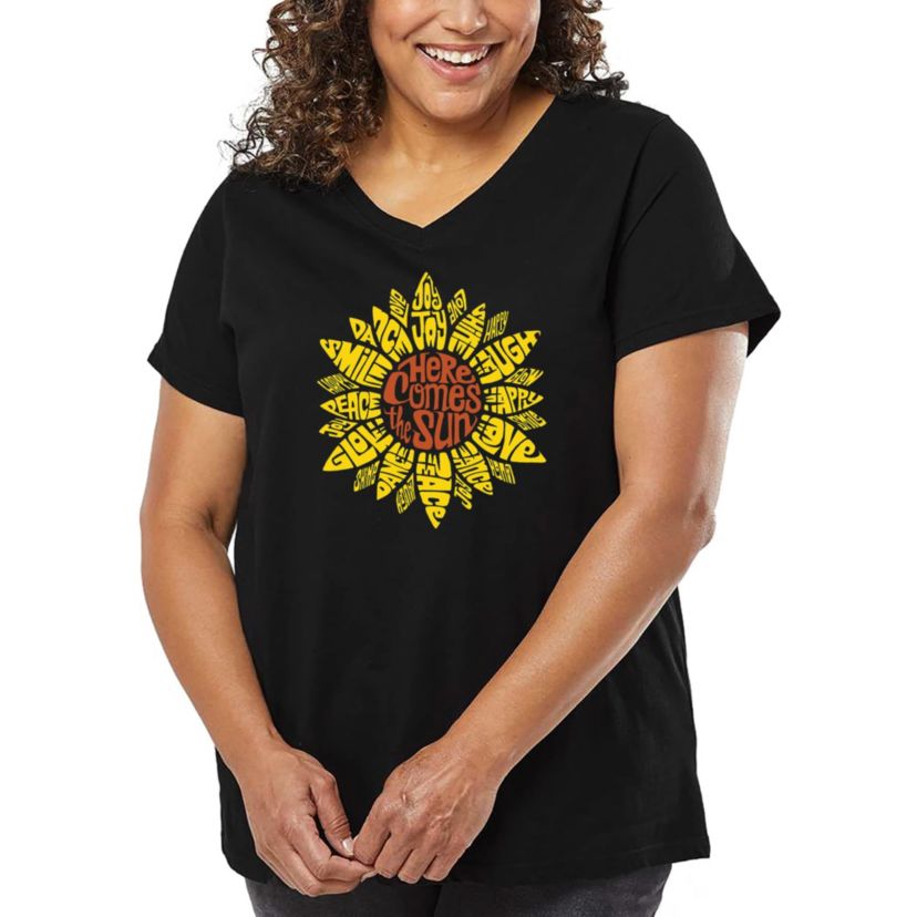 Womens Plus Size Word Art V-Neck - Sunflower