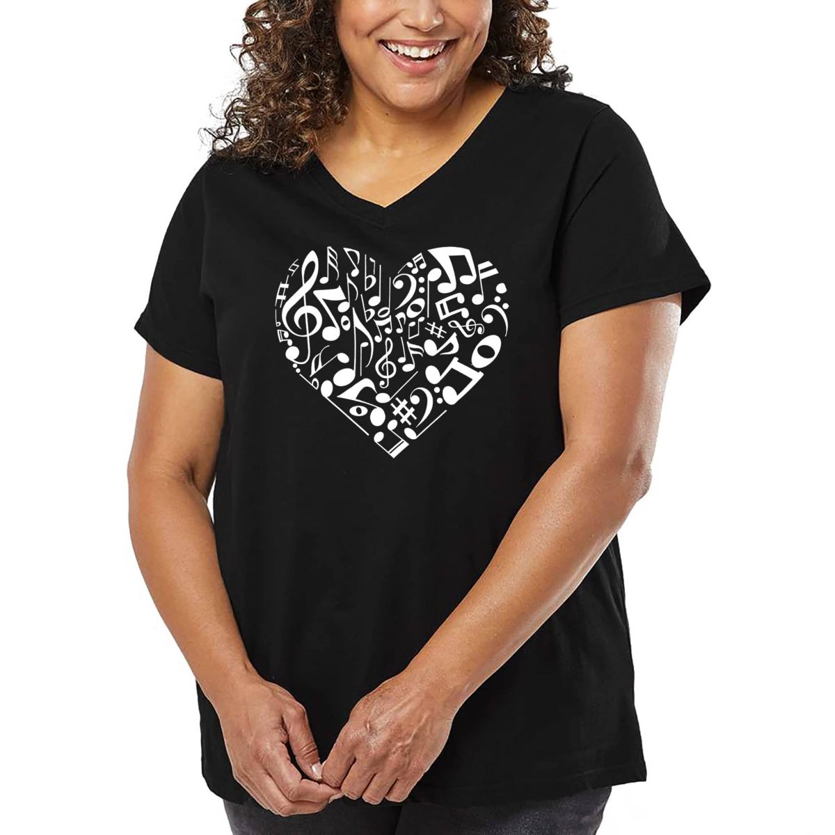 Womens Plus Size Word Art V-Neck - Heart Notes