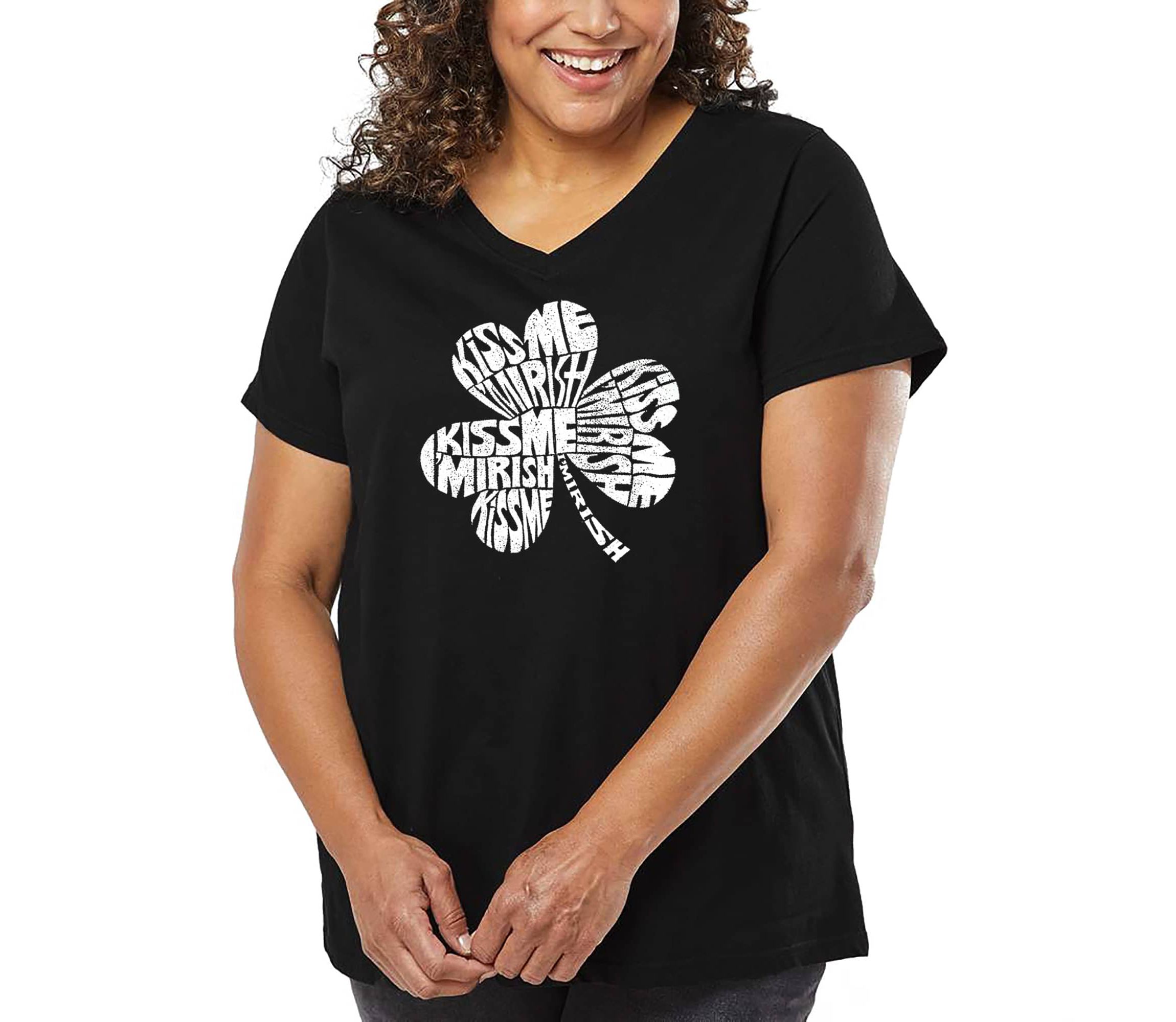 Womens Plus Size Word Art V-Neck - KISS ME IM IRISH