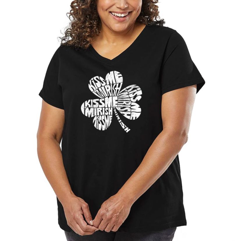 Womens Plus Size Word Art V-Neck - KISS ME IM IRISH