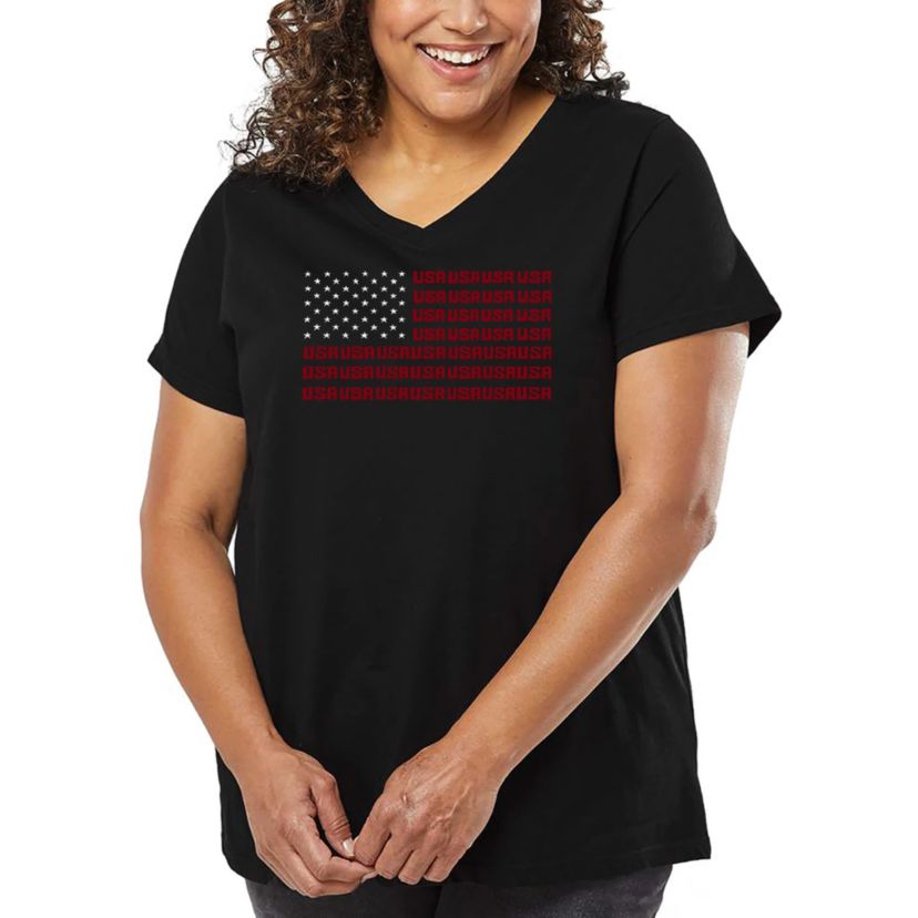 Womens Plus Size Word Art V-Neck - USA Flag
