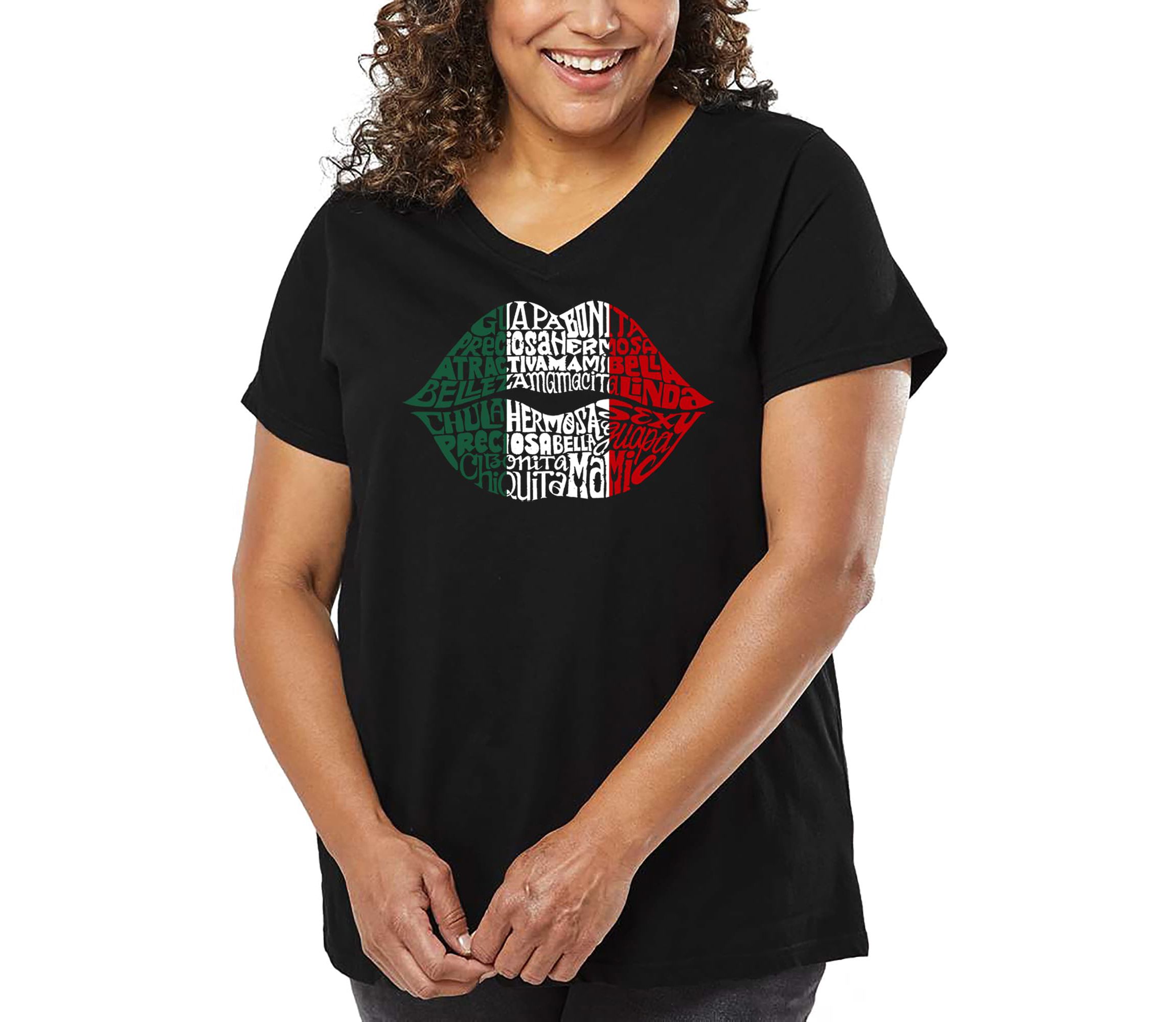 Womens Plus Size Word Art V-Neck - Latina Lips