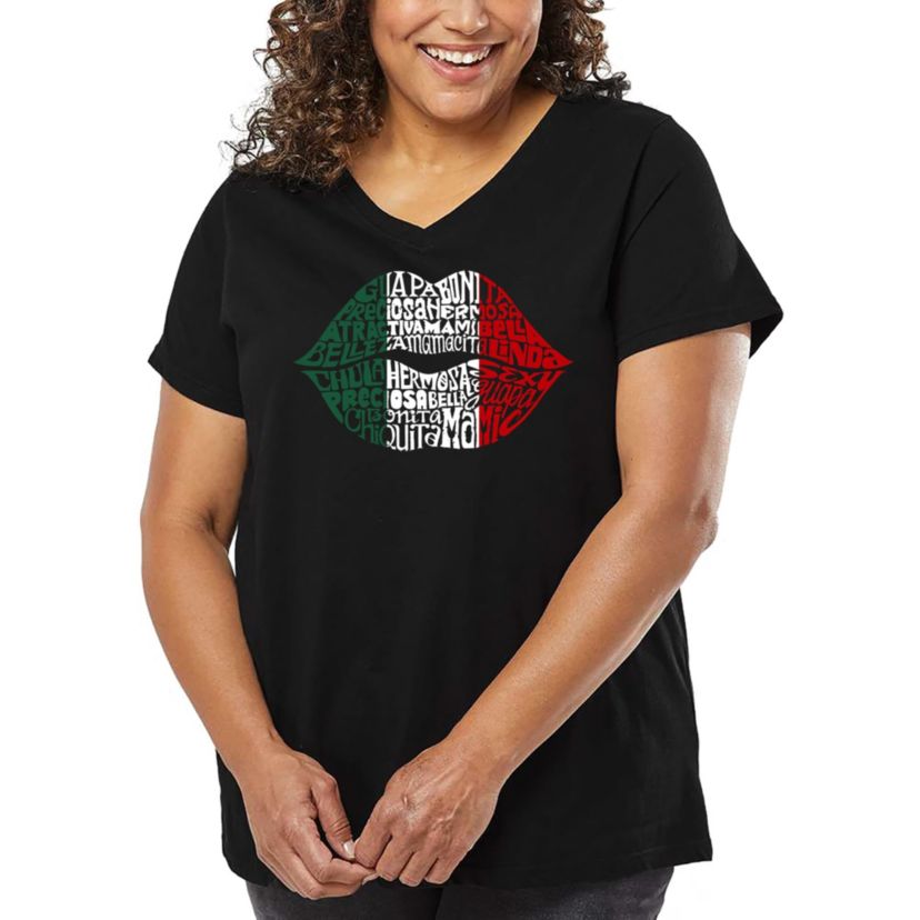 Womens Plus Size Word Art V-Neck - Latina Lips