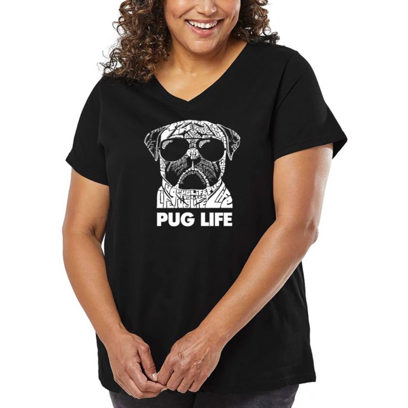 Womens Plus Size Word Art V-Neck - Pug Life