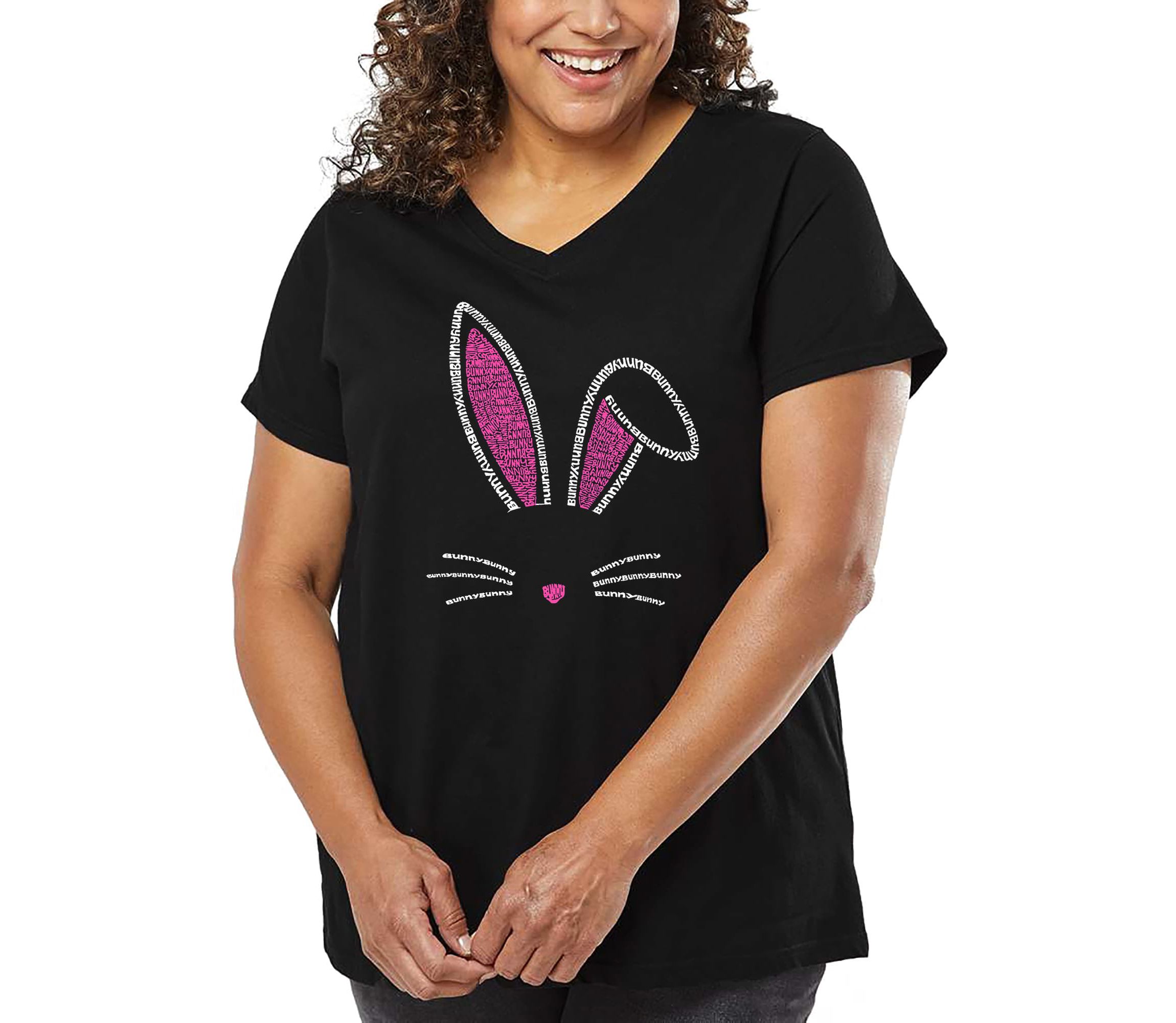 Womens Plus Size Word Art V-Neck - Bunny Ears