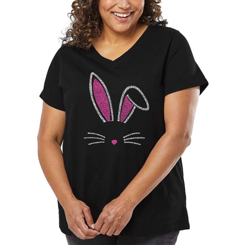 Womens Plus Size Word Art V-Neck - Bunny Ears