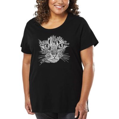 LA Pop Art Women's Plus Size Word Art T-shirt - Cat Face, Black, 4X