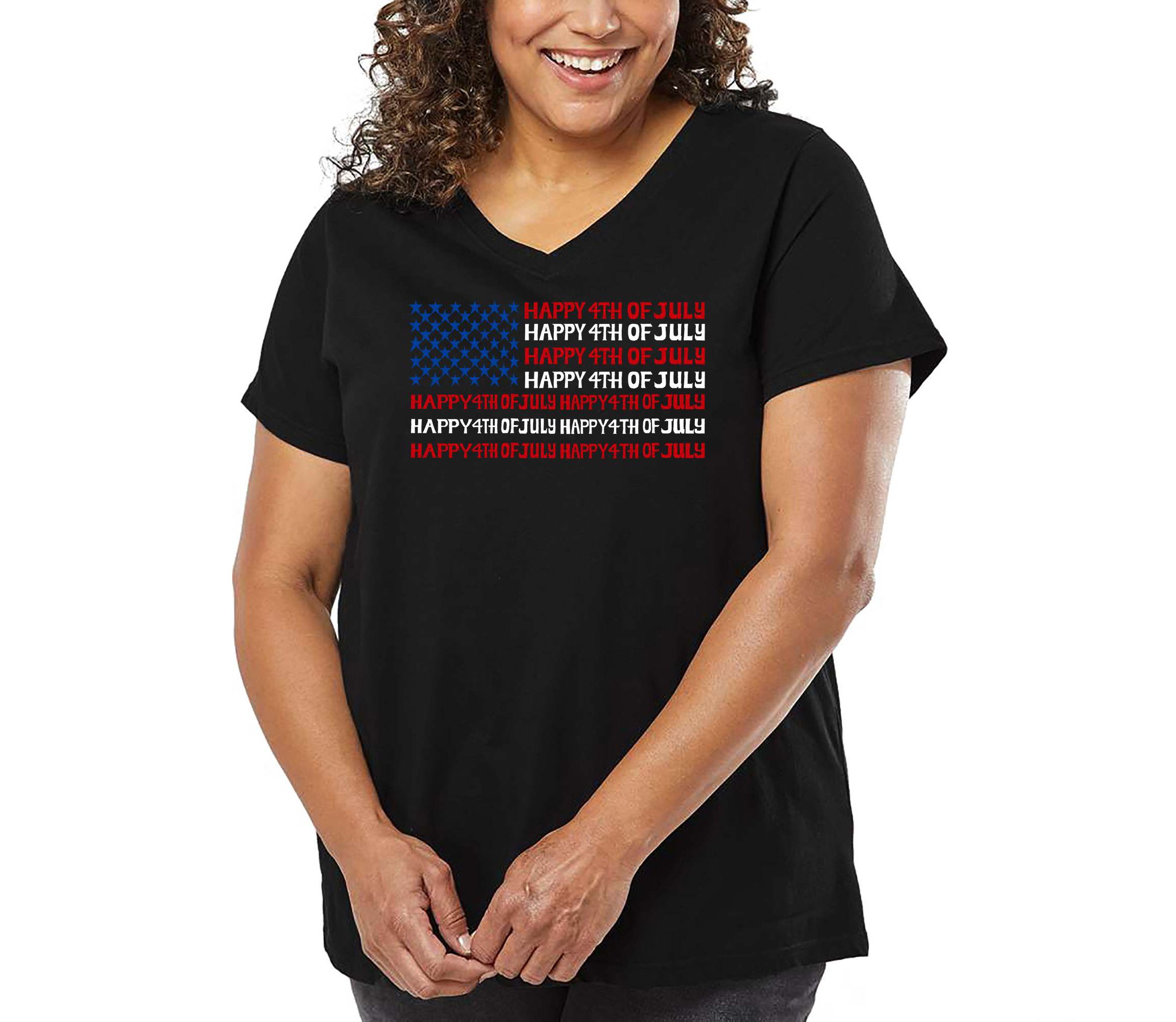 Happy 4th of July - Womens Plus Size Word Art V-Neck