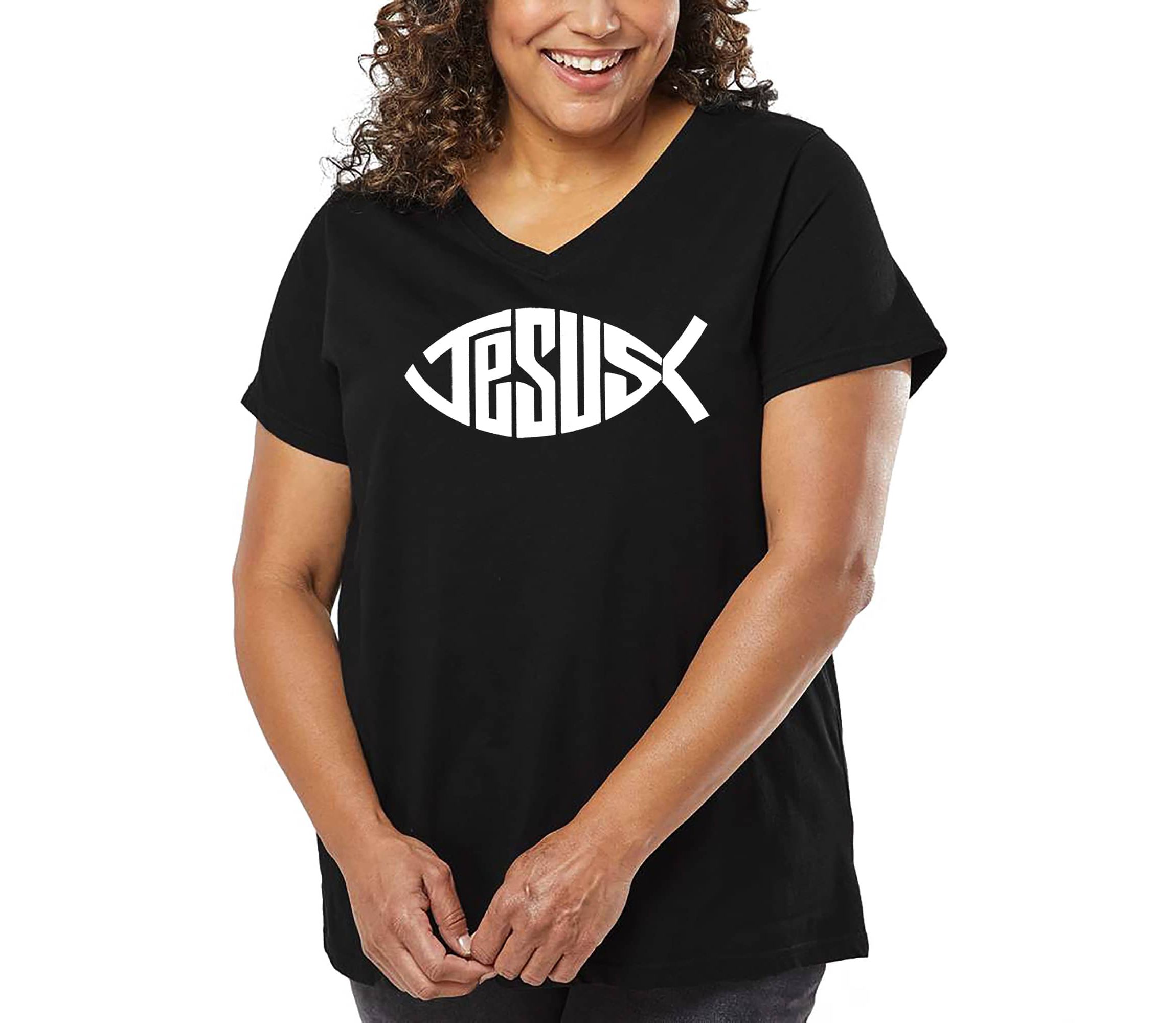 Womens Plus Size Word Art V-Neck - Christian Jesus Name Fish Symbol