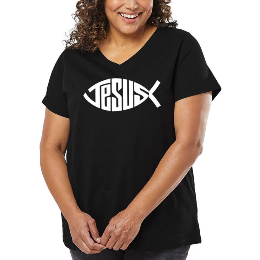 Womens Plus Size Word Art V-Neck - Christian Jesus Name Fish Symbol