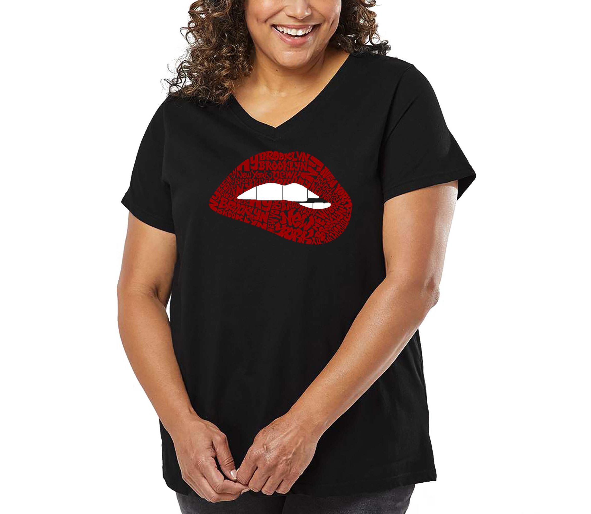 Brooklyn Lips - Womens Plus Size Word Art V-Neck