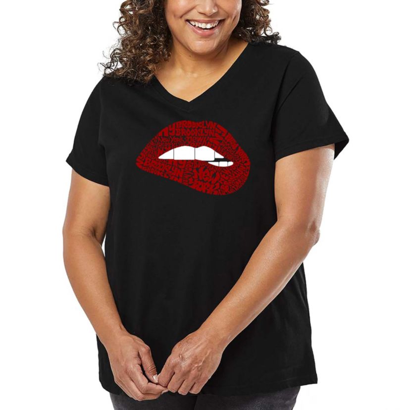 Brooklyn Lips - Womens Plus Size Word Art V-Neck