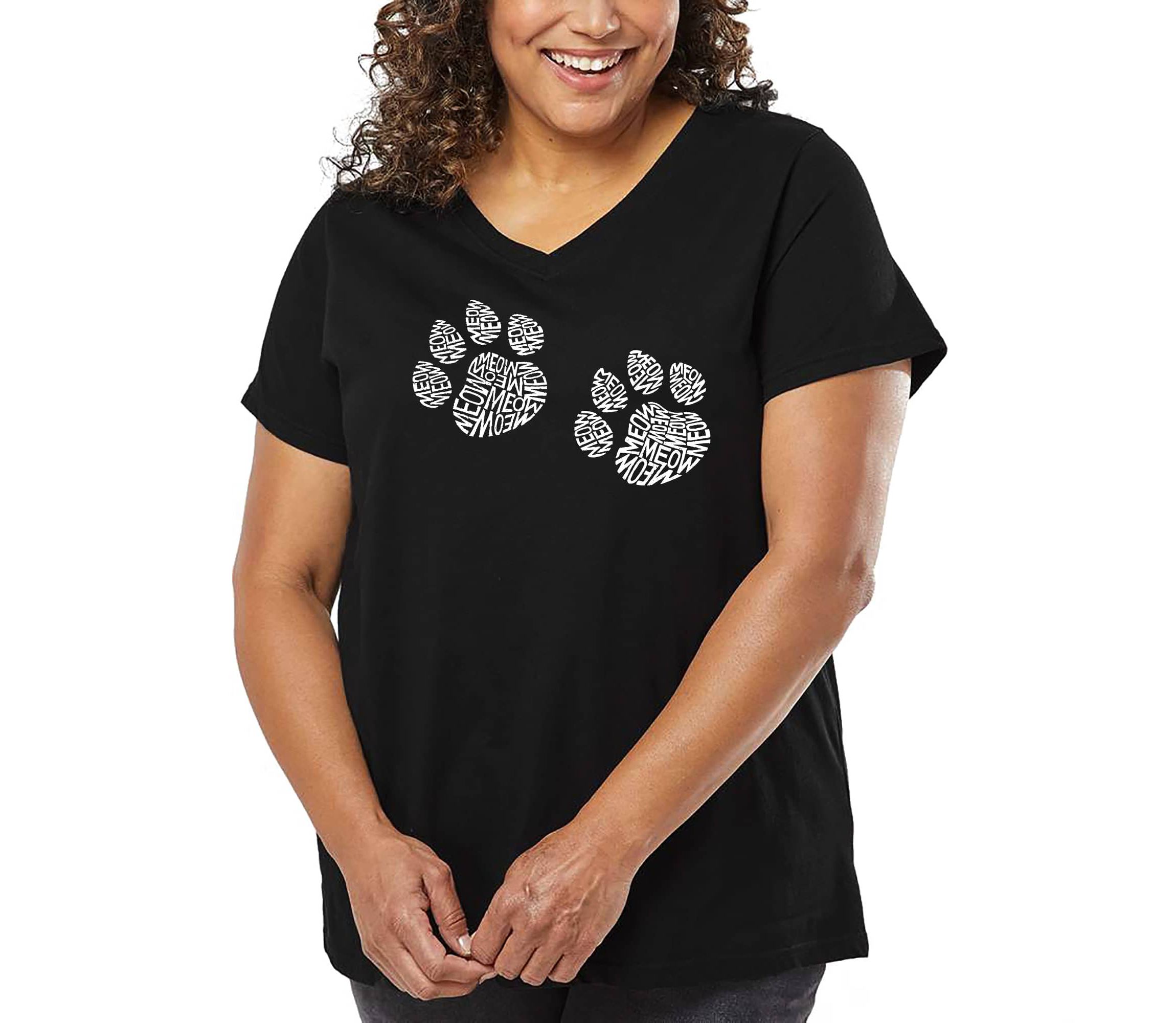 Womens Plus Size Word Art V-Neck - Meow Cat Prints
