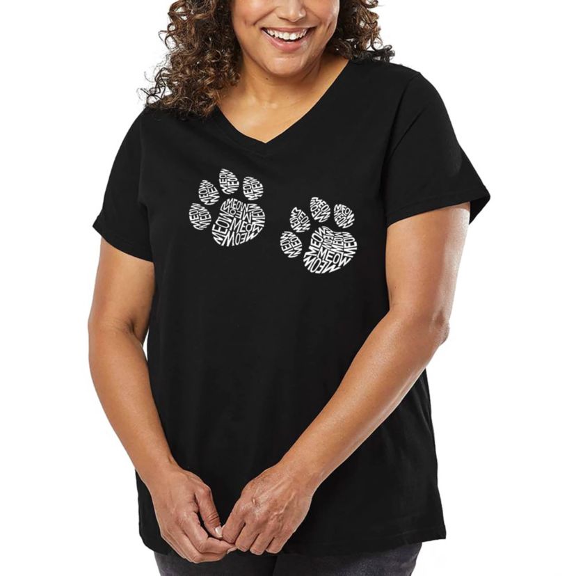 Womens Plus Size Word Art V-Neck - Meow Cat Prints