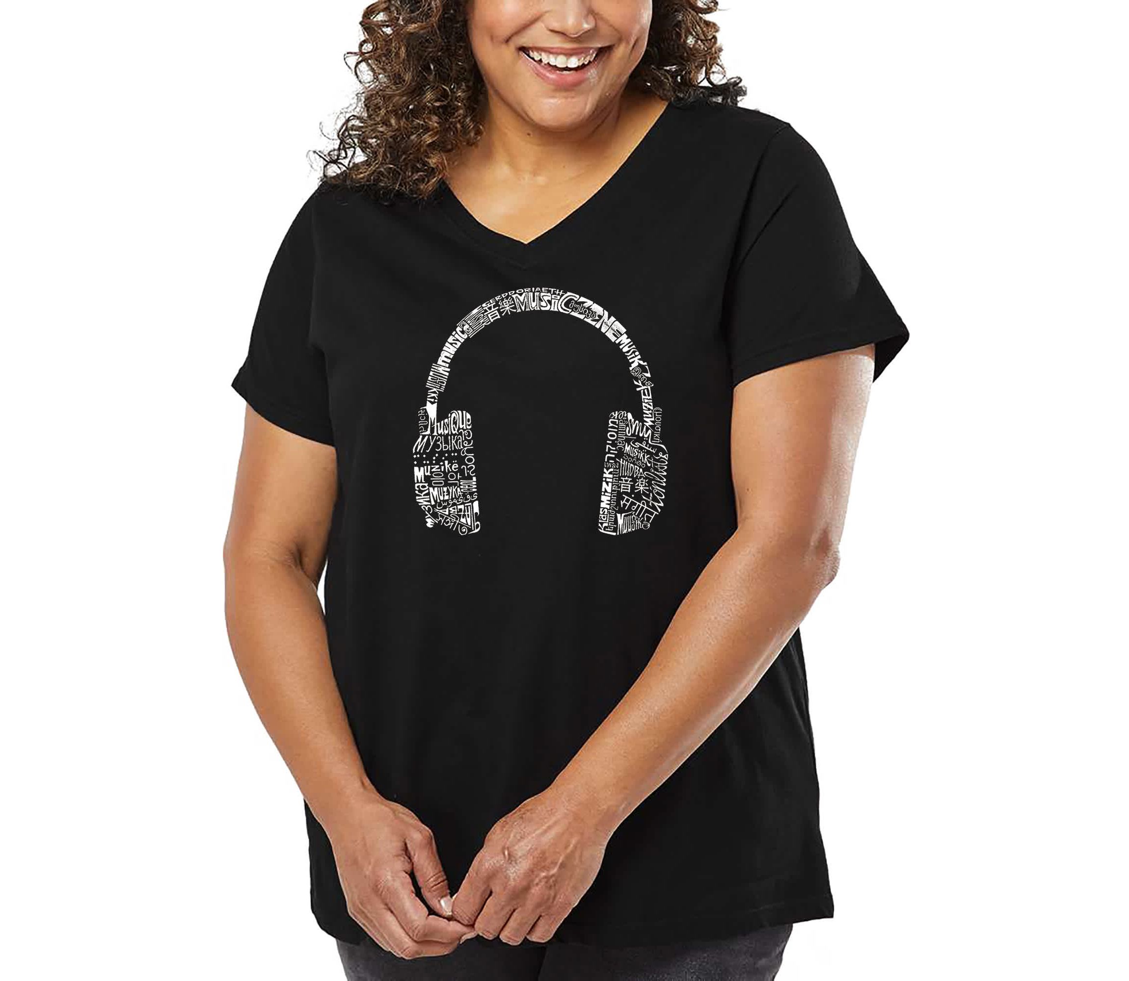 Womens Plus Size Word Art V-Neck - HEADPHONES - LANGUAGES