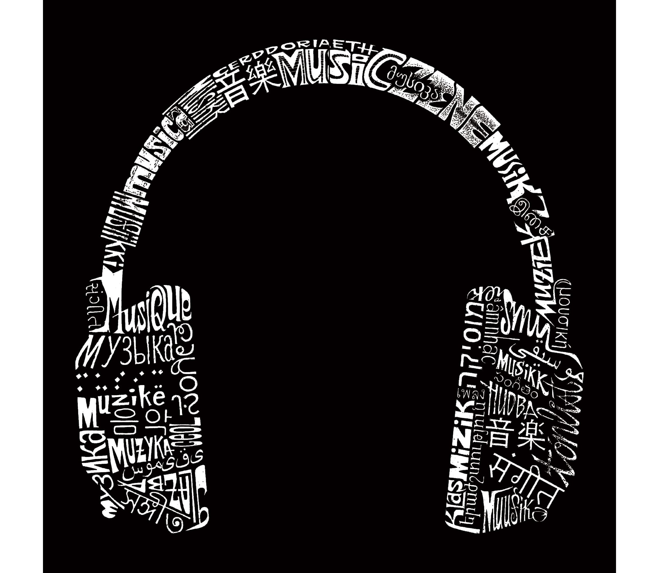 Womens Plus Size Word Art V-Neck - HEADPHONES - LANGUAGES