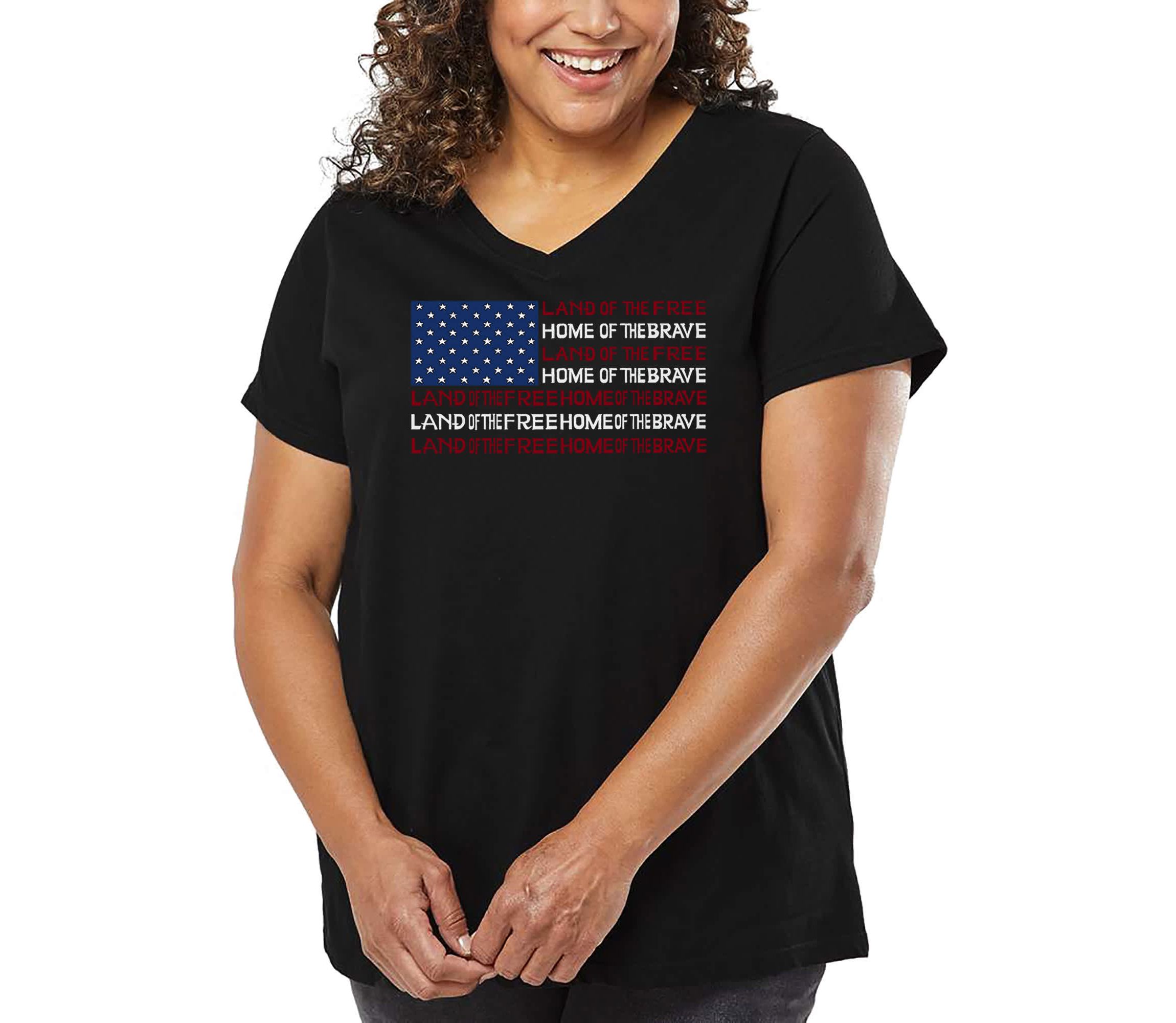 Womens Plus Size Word Art V-Neck - Land of the Free American Flag
