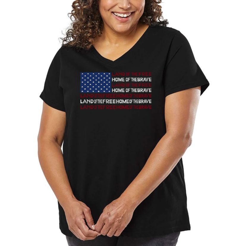 Womens Plus Size Word Art V-Neck - Land of the Free American Flag