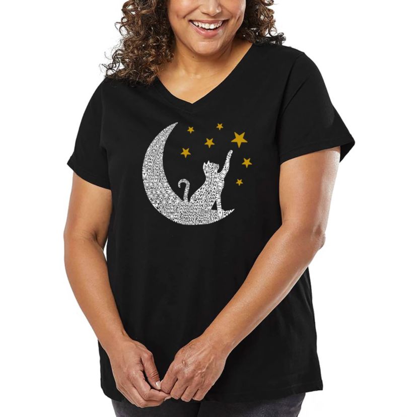 Cat Moon - Womens Plus Size Word Art V-Neck
