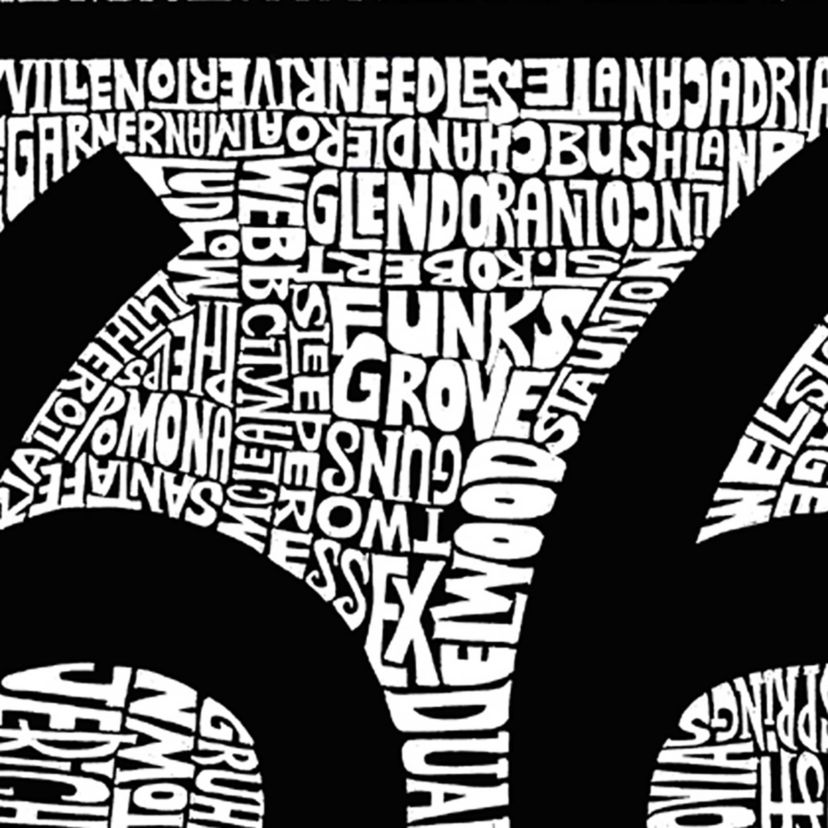 Womens Plus Size Word Art T-shirt - CITIES ALONG THE LEGENDARY ROUTE 66