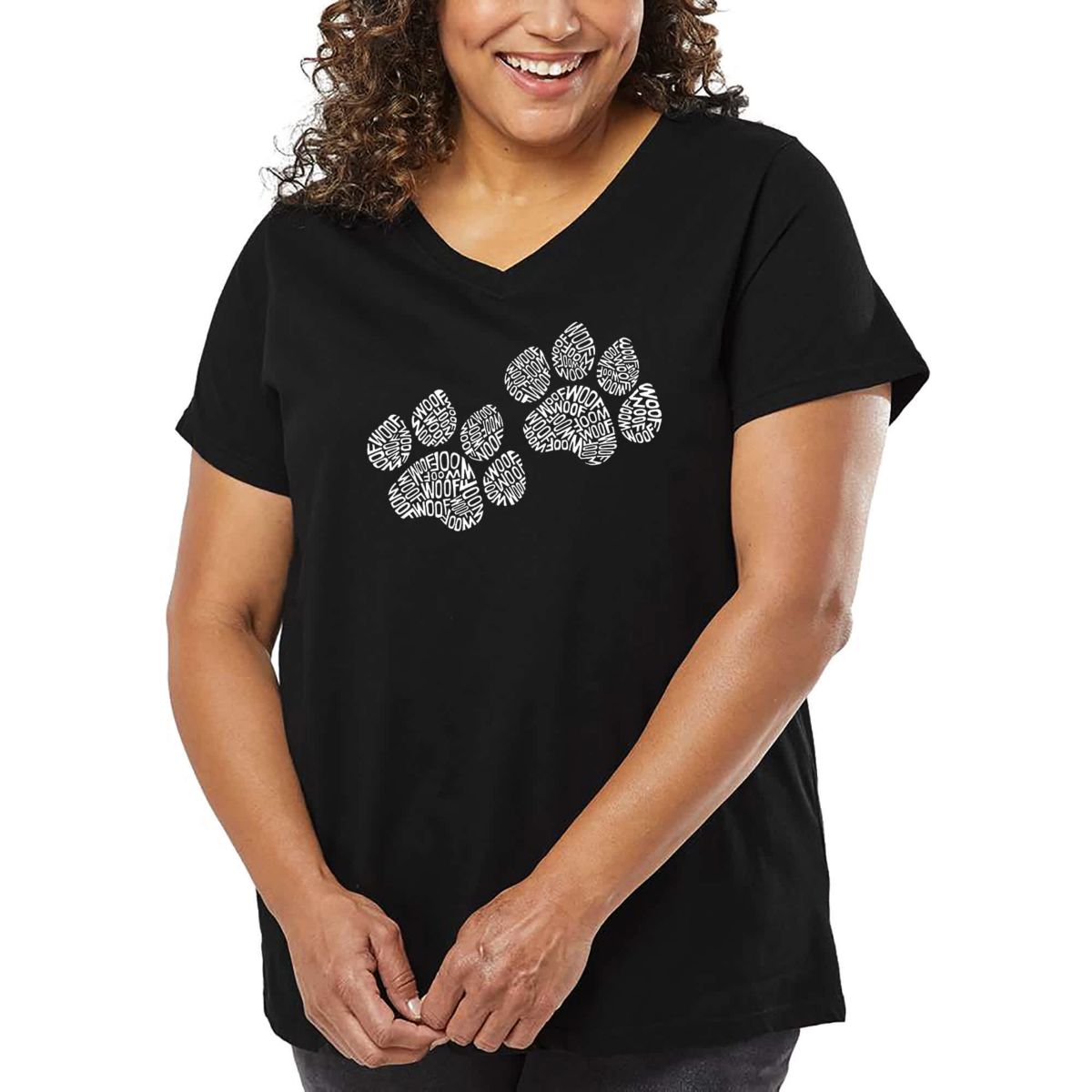 Womens Plus Size Word Art V-Neck - Woof Paw Prints