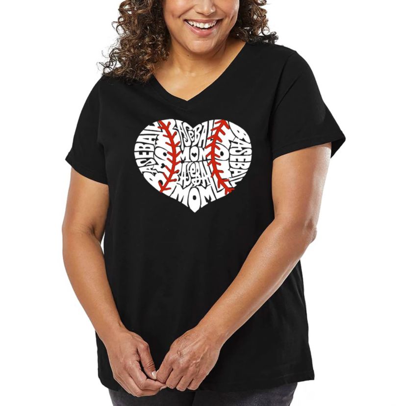 Womens Plus Size Word Art V-Neck - Baseball Mom