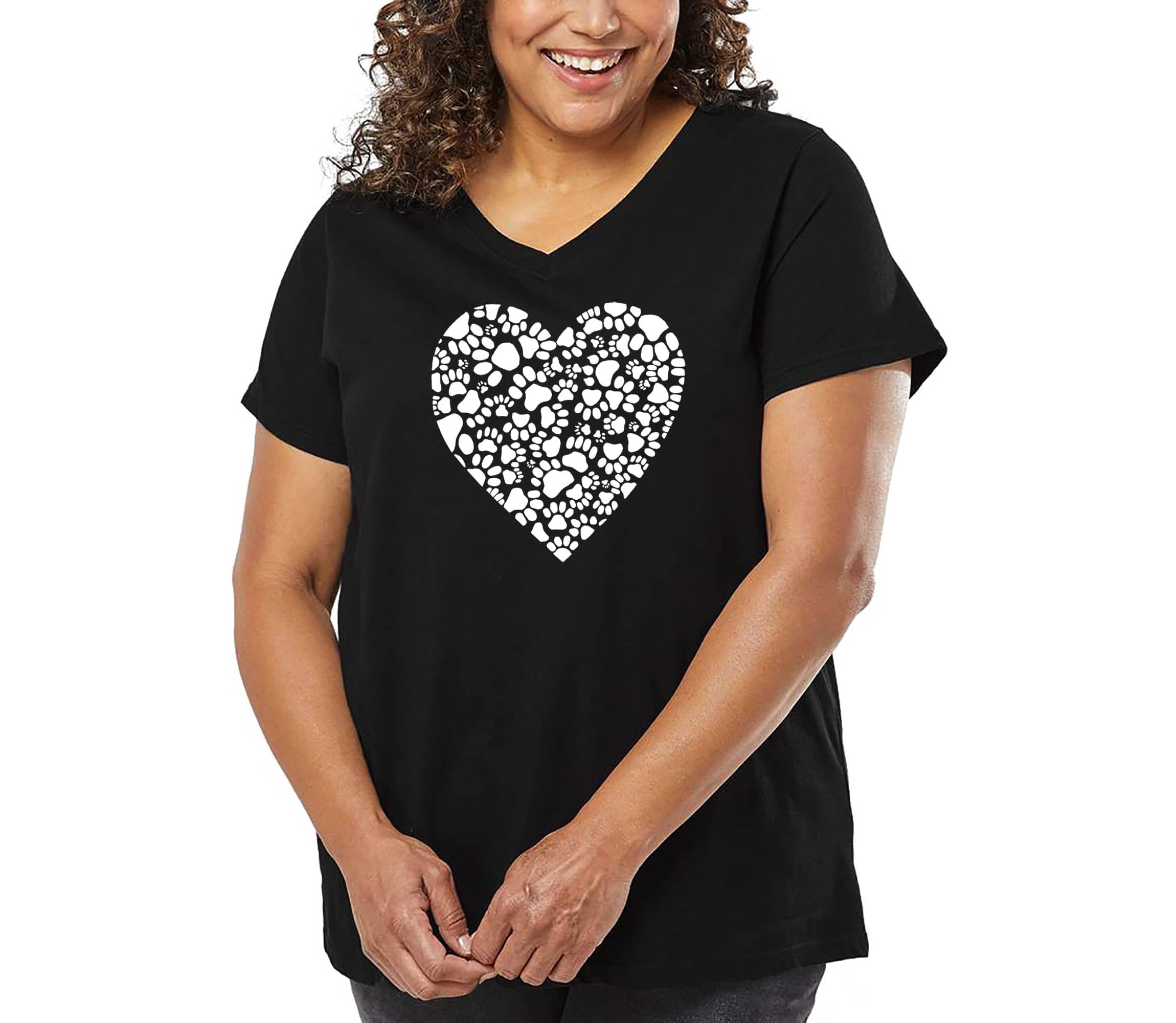 Womens Plus Size Word Art V-Neck - Paw Prints Heart