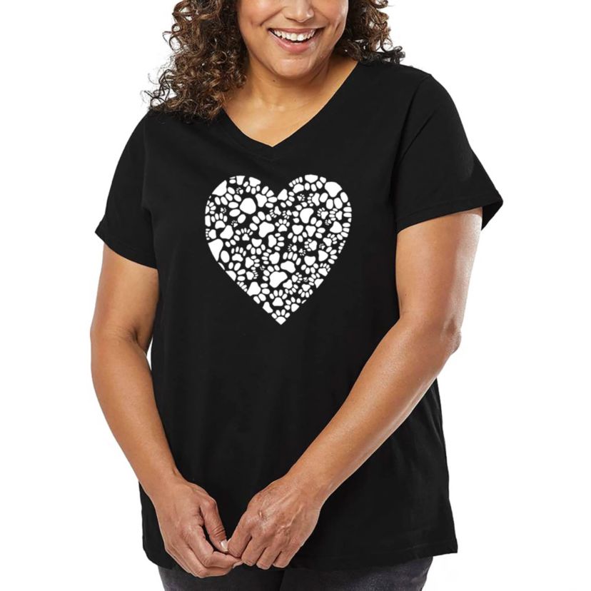Womens Plus Size Word Art V-Neck - Paw Prints Heart