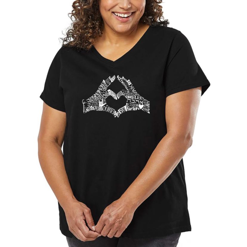 Womens Plus Size Word Art V-Neck - Finger Heart