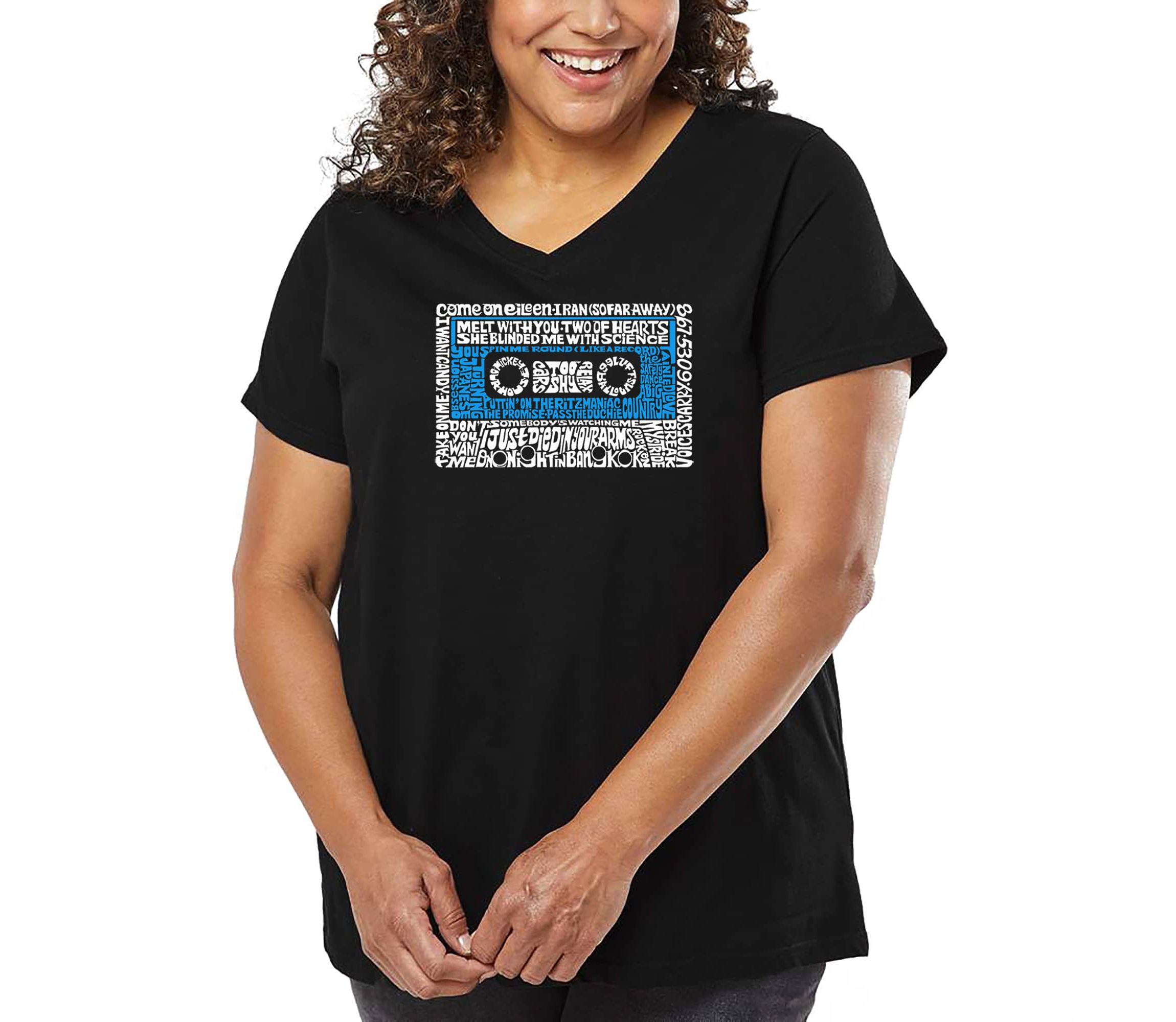 Womens Plus Size Word Art V-Neck - 80s One Hit Wonders