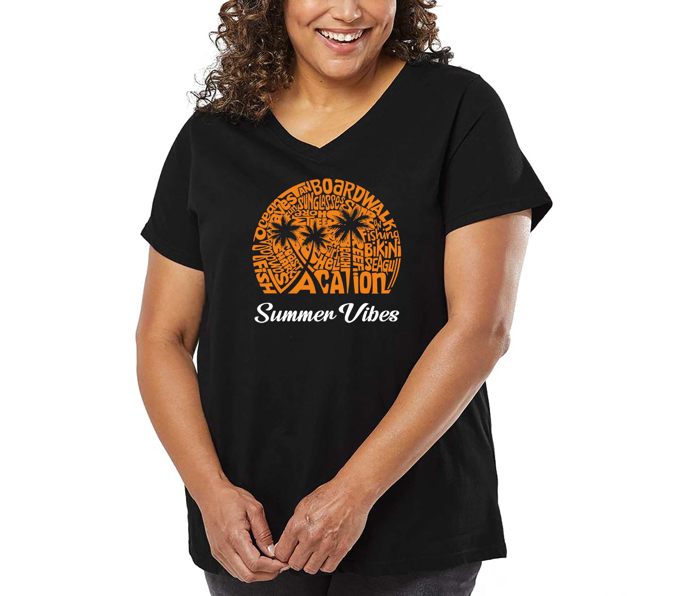 Summer Vibes - Womens Plus Size Word Art V-Neck