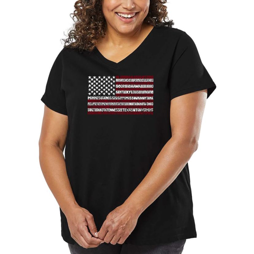 Womens Plus Size Word Art V-Neck - 50 States USA Flag