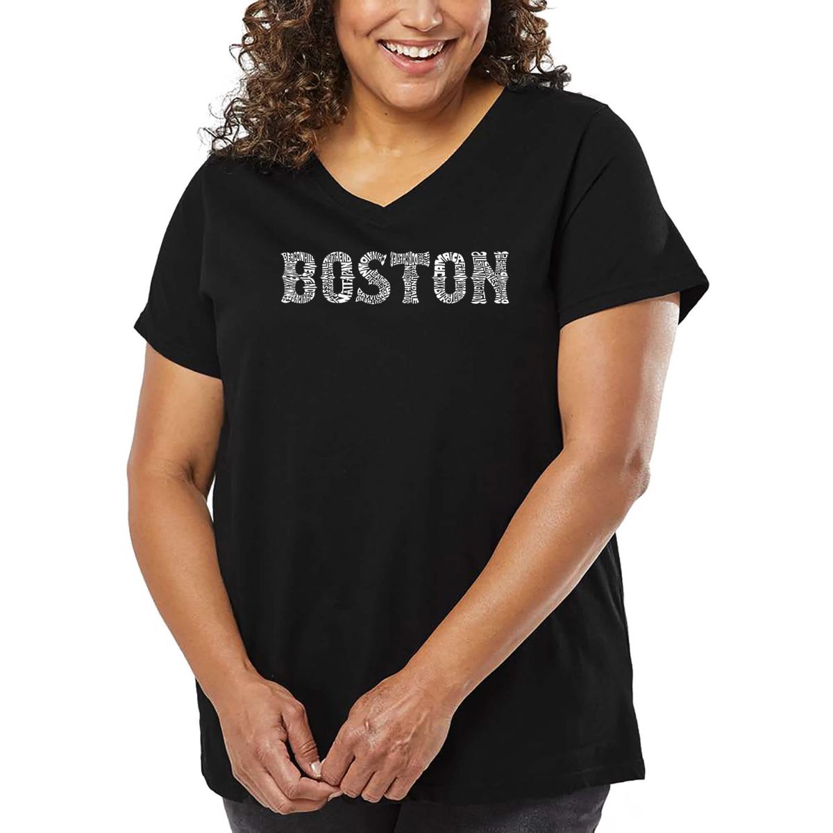 Womens Plus Size Word Art V-Neck - BOSTON NEIGHBORHOODS