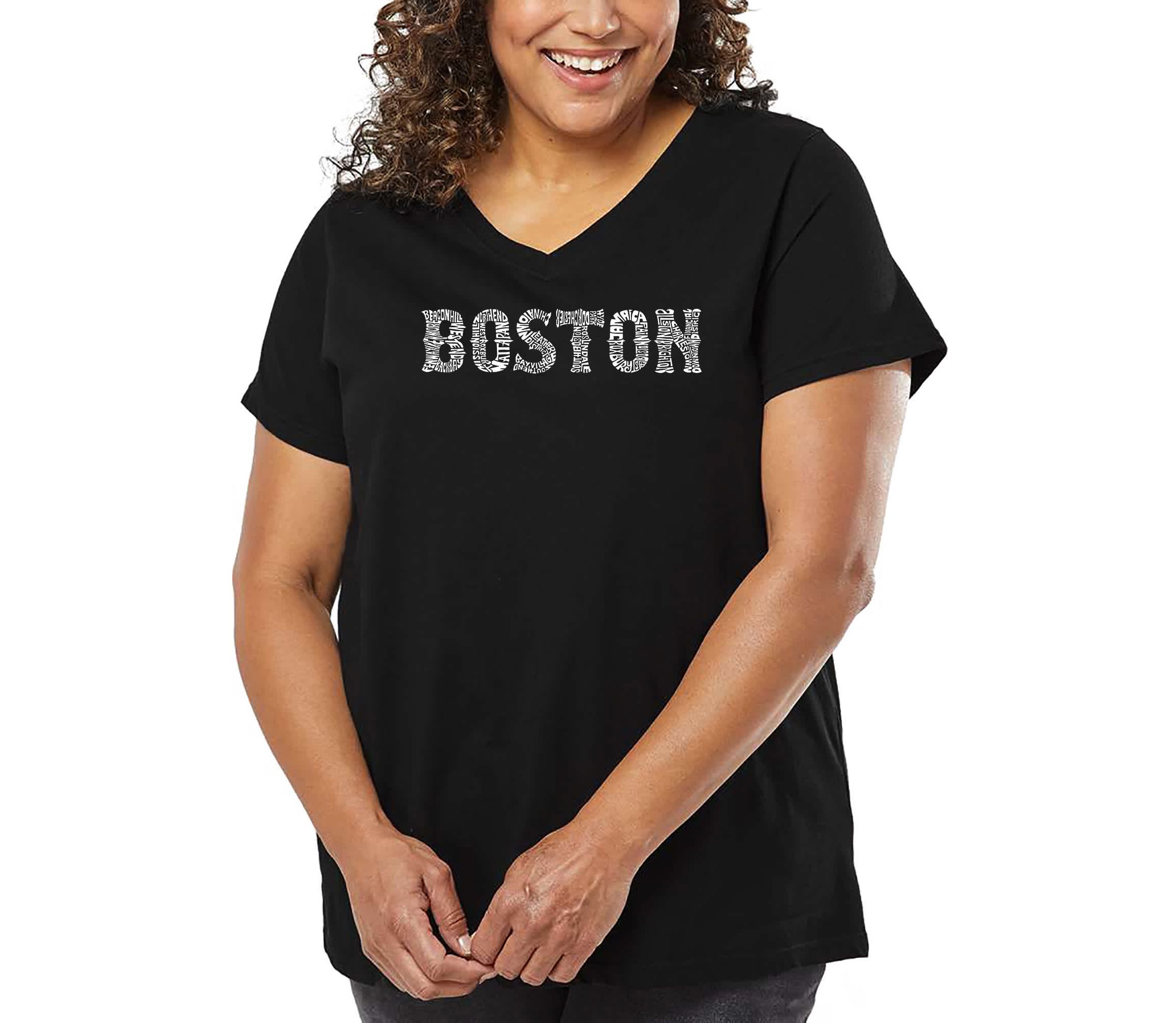Womens Plus Size Word Art V-Neck - BOSTON NEIGHBORHOODS