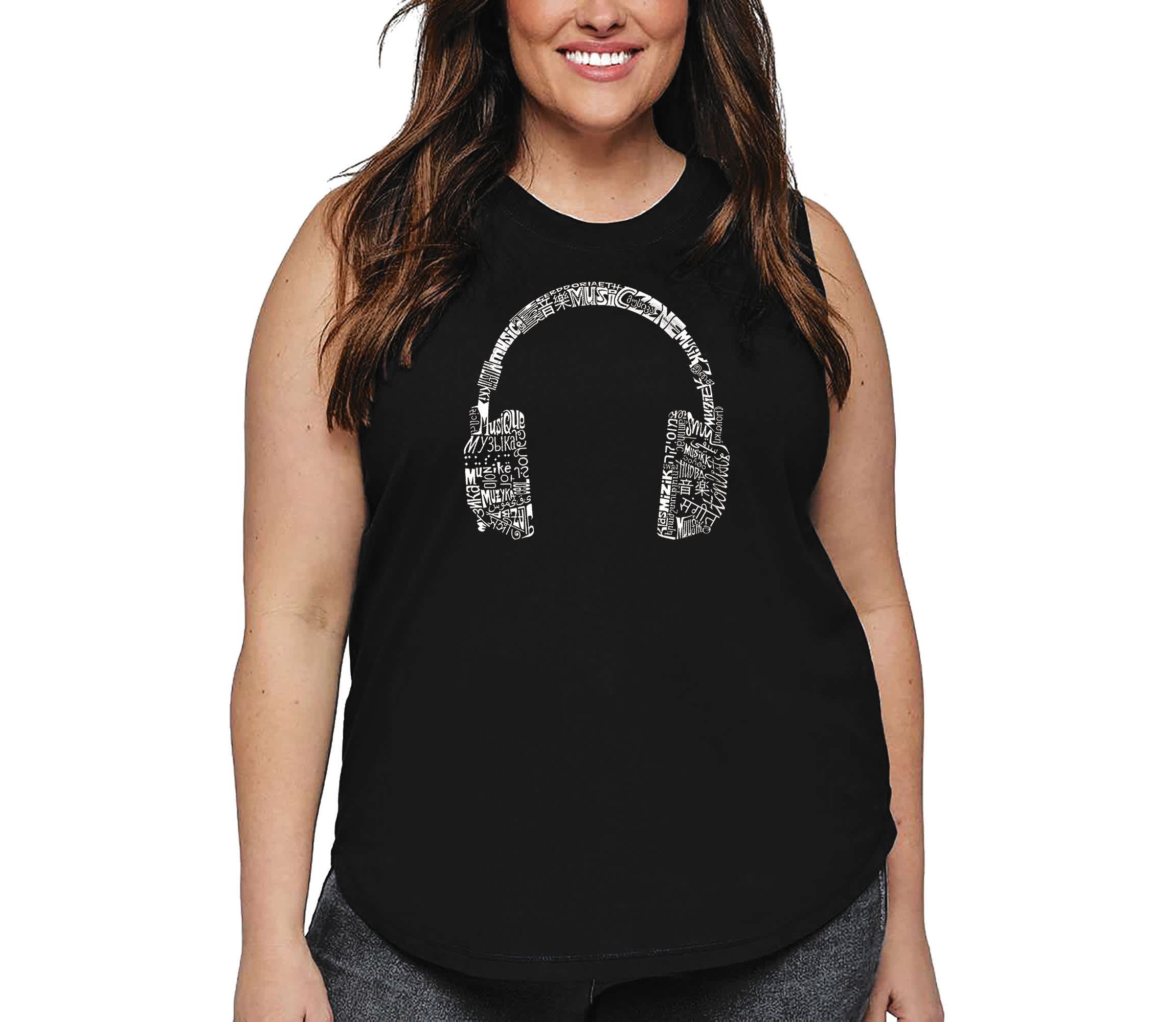 Womens Plus Size Word Art Tank Top - HEADPHONES - LANGUAGES