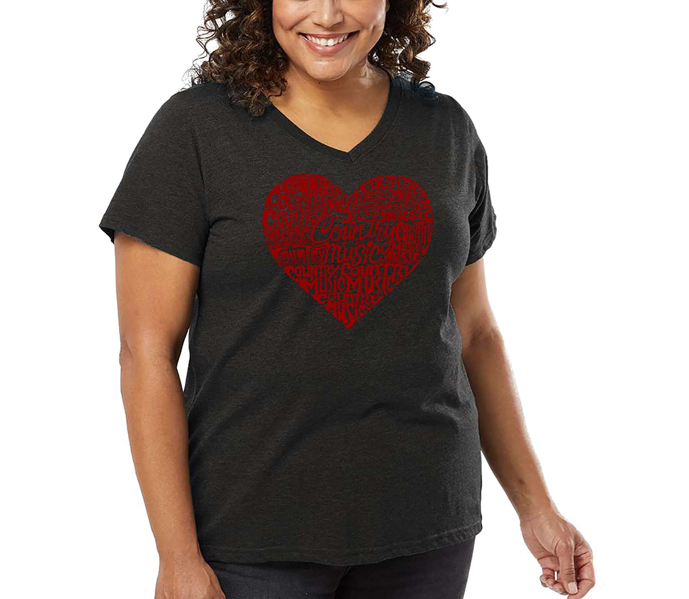 Womens Plus Size Word Art V-Neck - Country Music Heart