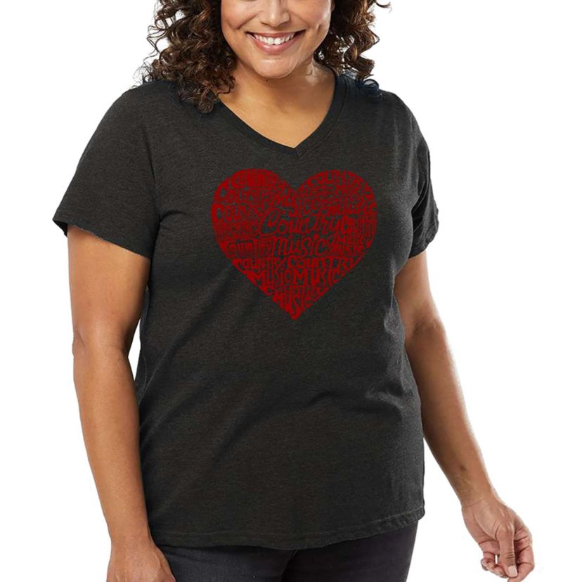 Womens Plus Size Word Art V-Neck - Country Music Heart