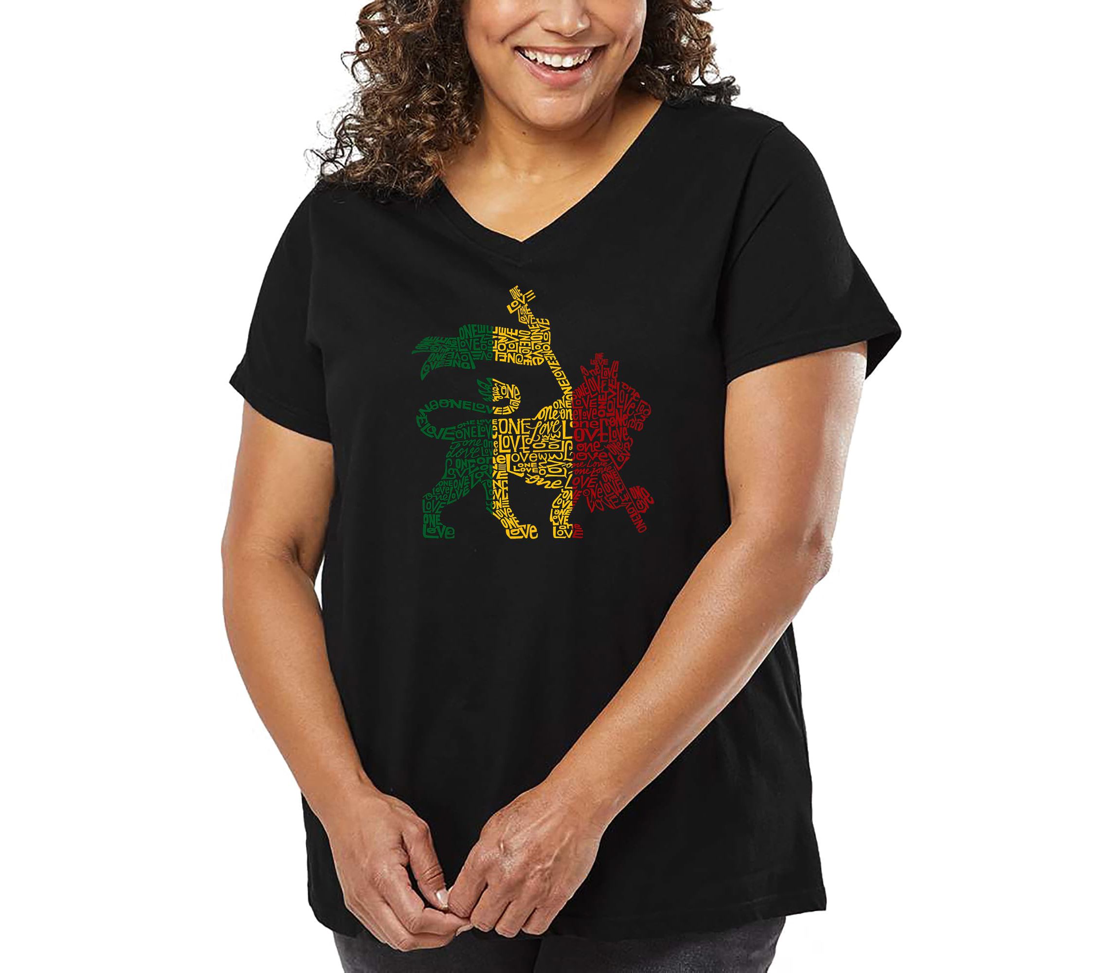 Womens Plus Size Word Art V-Neck - Rasta Lion - One Love
