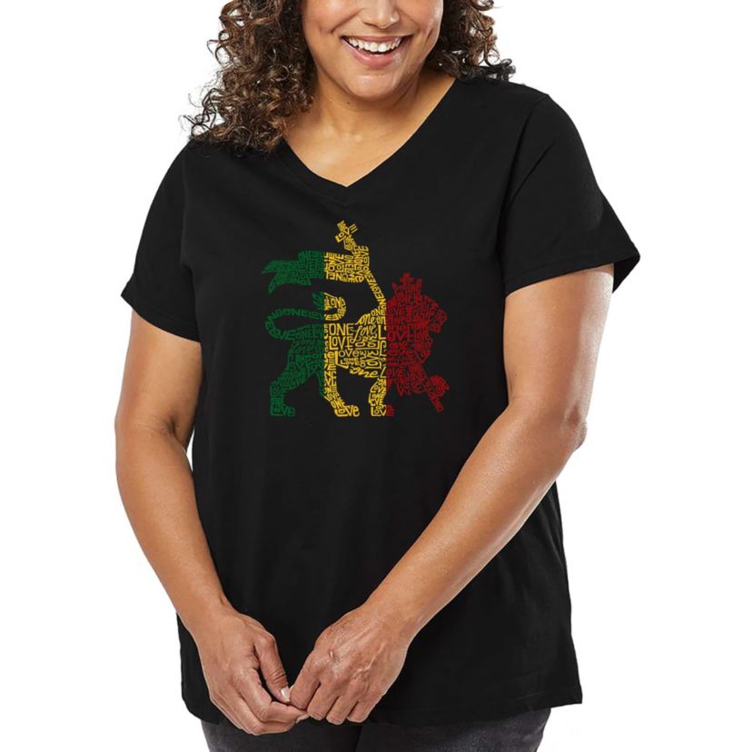 Womens Plus Size Word Art V-Neck - Rasta Lion - One Love