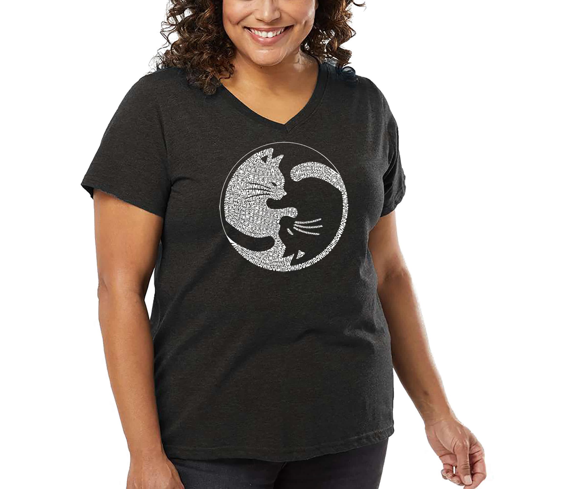 Womens Plus Size Word Art V-Neck - Yin Yang Cat