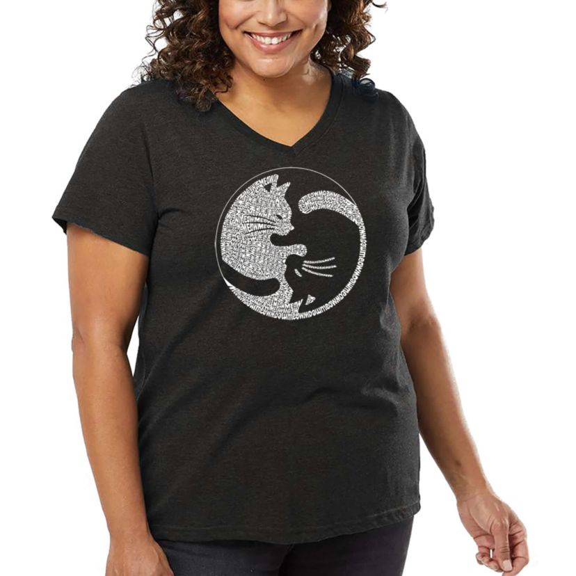 Womens Plus Size Word Art V-Neck - Yin Yang Cat