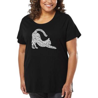 LA Pop Art Stretching Cat - Women's Plus Size Word Art T-Shirt, Black, 4X