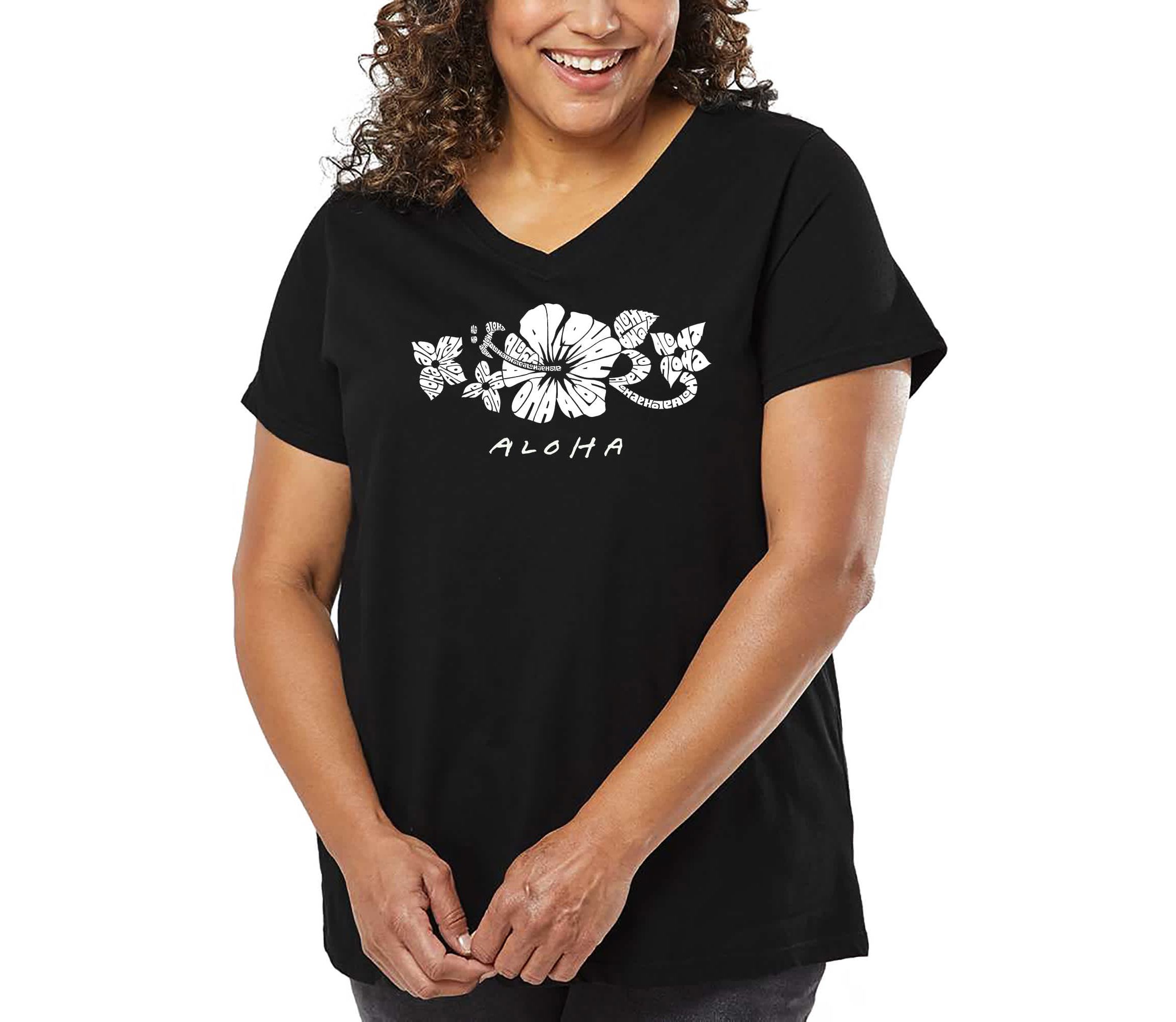 Womens Plus Size Word Art V-Neck - ALOHA