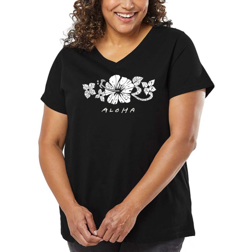 Womens Plus Size Word Art V-Neck - ALOHA
