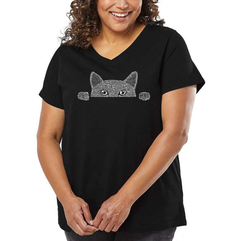 Womens Plus Size Word Art V-Neck - Peeking Cat