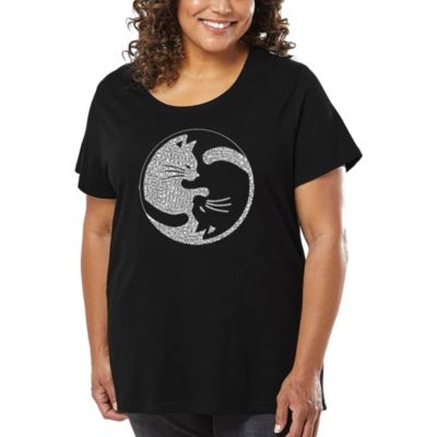 LA Pop Art Women's Plus Size Word Art T-shirt - Yin Yang Cat, Black, 4X