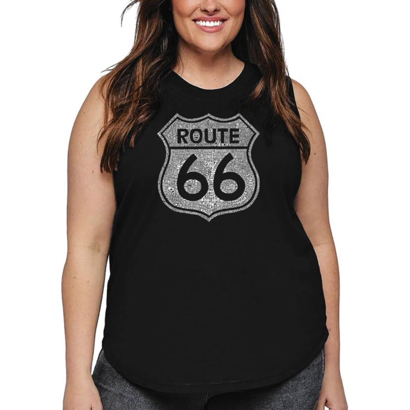 Womens Plus Size Word Art Tank Top - CITIES ALONG THE LEGENDARY ROUTE 66