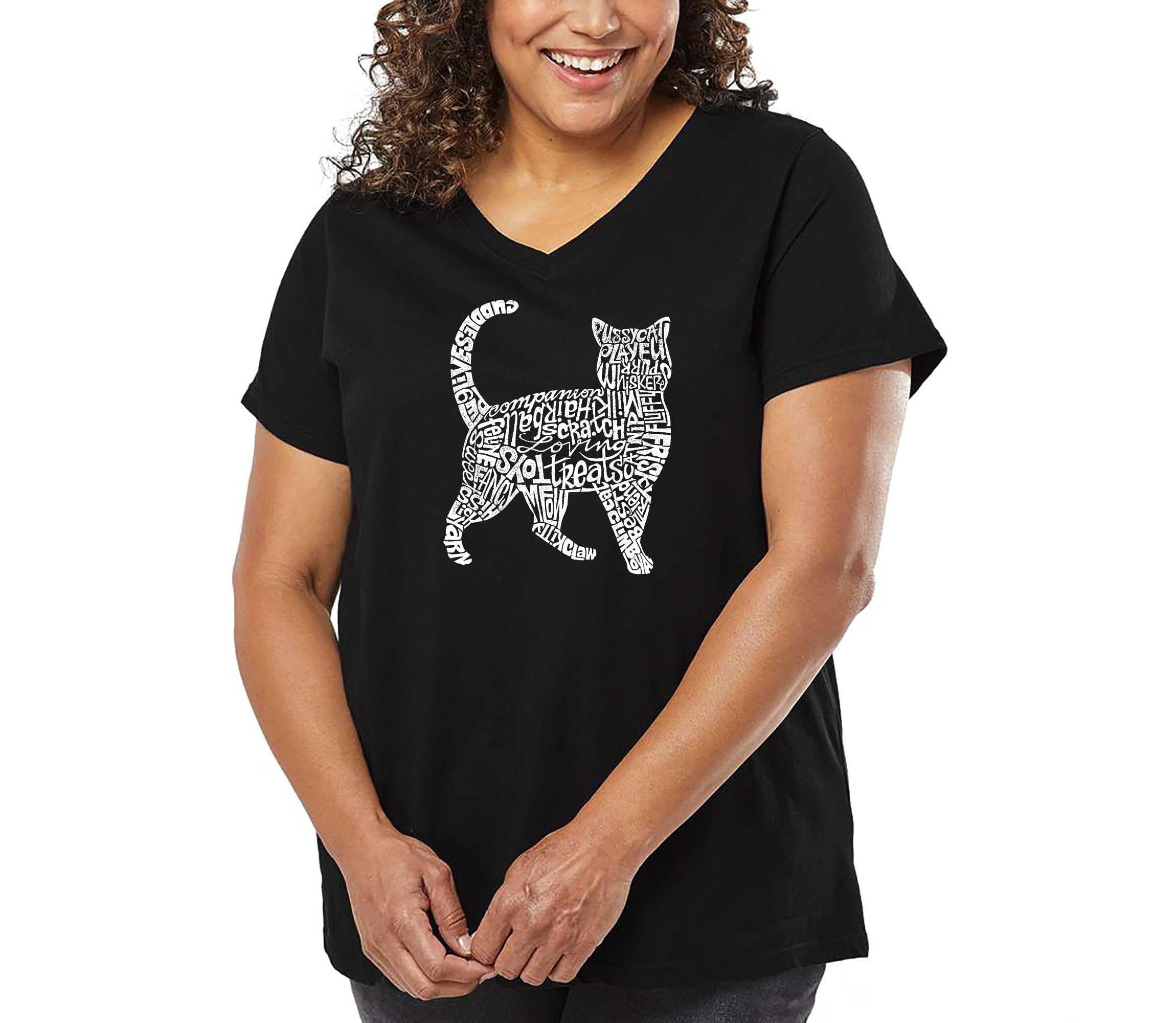 Womens Plus Size Word Art V-Neck - Cat