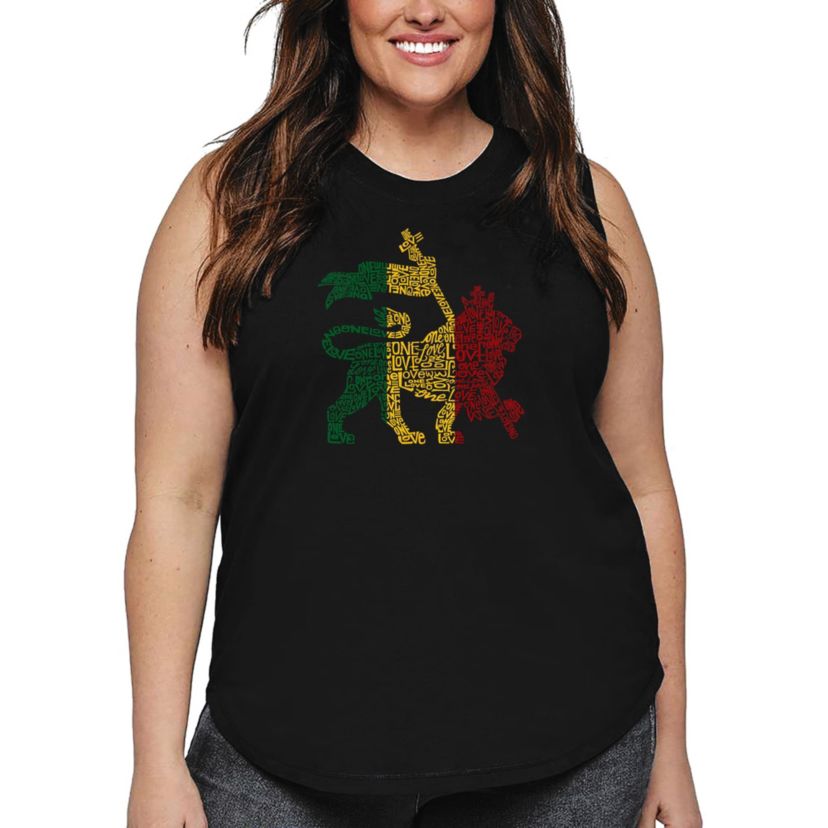 Womens Plus Size Word Art Tank Top - Rasta Lion - One Love